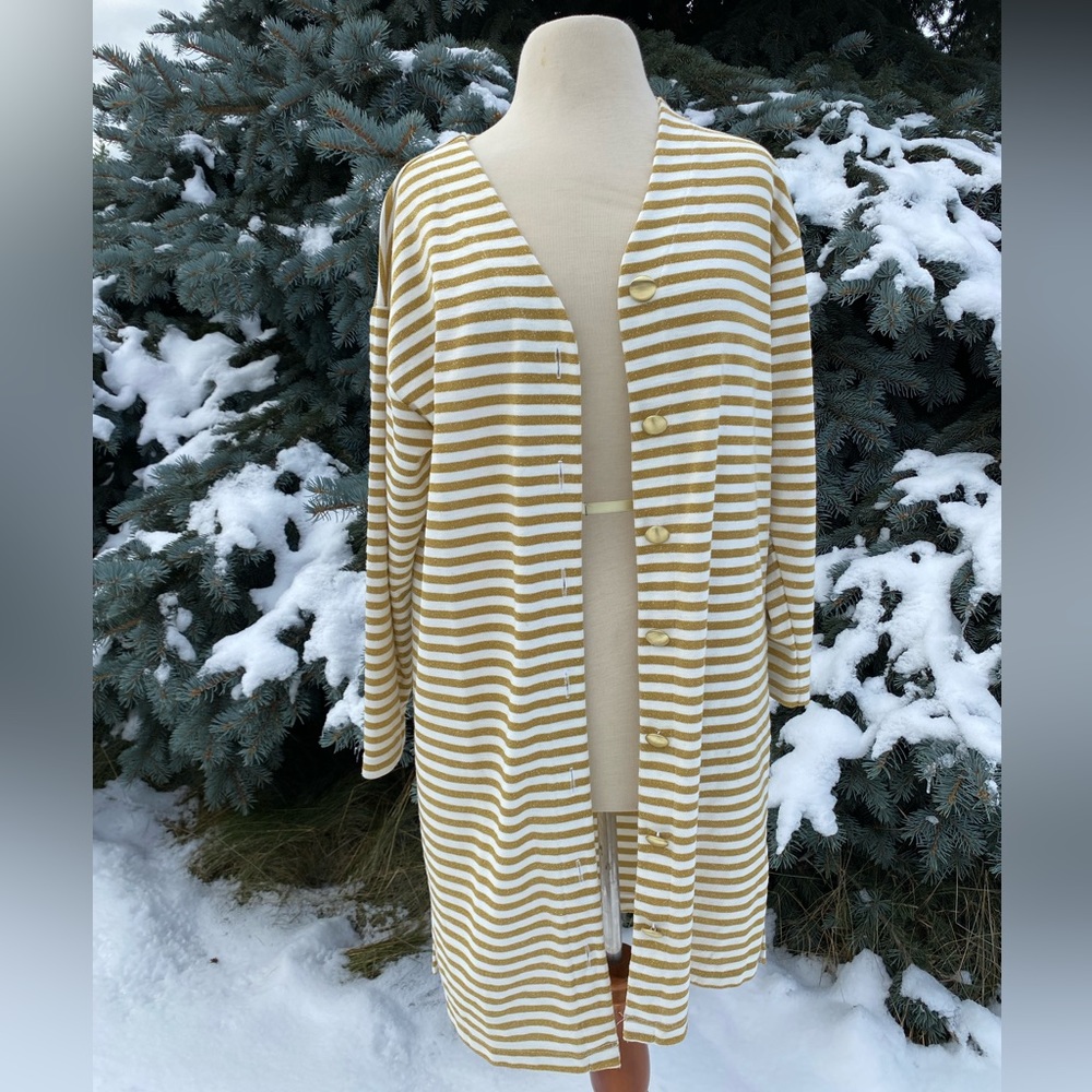 Vintage made in USA gold and white striped  oversized, long cardigan size medium